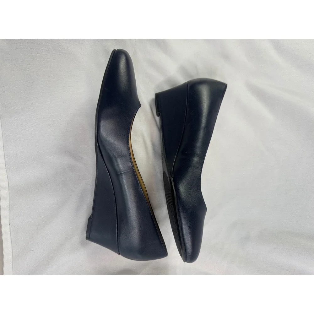 Naturalizer Pilar Navy Blue Leather Wedge Pumps Round Toe Shoes Womens 9W